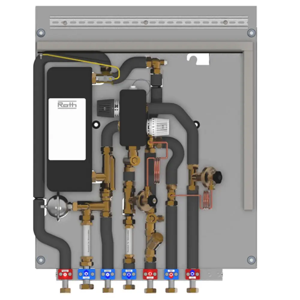 Wärmeverteilungsstation mit verschiedenen Wasserleitungen und Armaturen, deutlich erkennbar die Marke Roth, zur Integration in Heizsysteme konzipiert.